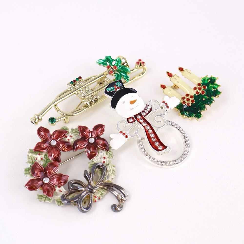 Vintage Christmas Holiday Brooch Lot 4pc Enameled Snowman Wreath Candle Trombone